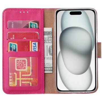 Hoesje Geschikt voor iPhone 15 hoesje bookcase met 2x screenprotector – Roze