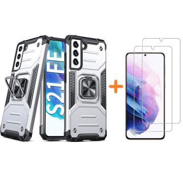 Samsung S21 FE Hoesje Heavy Duty Armor Hoesje Zliver - Galaxy S21 FE Case Kickstand Ring cover met Magnetisch Auto Mount- Samsung S21 FE screenprotector 2 pack