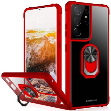 Samsung S21 Ultra hoesje - Premium Shock Proof hoesje transparant Rood randen backcover case met kickstand - Samsung Galaxy S21 Ultra hoesje met Ring houder / Ring vinger houder / standaard