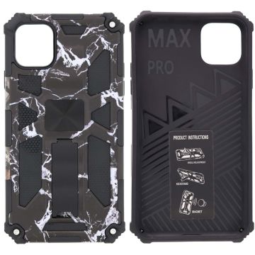 Hoesje Geschikt voor iPhone 11 Pro Max Hoesje - Rugged Extreme Backcover Marmer Camouflage met Kickstand - Zwart