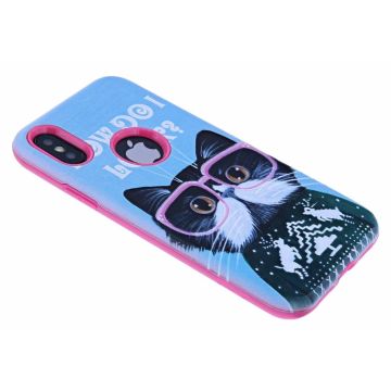 iPhone X / Xs 3D Katje met Bril Design Back Cover Hoesje