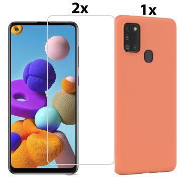 Samsung Galaxy A21s Hoesje Soft Nano Silicone Backcover Gel Oranje Met 2x Glazen Screenprotector