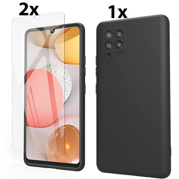 Samsung Galaxy A22 4G Hoesje Soft Nano Silicone Backcover Gel Zwart Met 2x Glazen Screenprotector