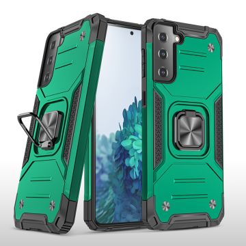Samsung S21 Hoesje - Heavy Duty Armor hoesje Groen - Galaxy S21 silicone TPU hybride hoesje Kickstand ringhouder met Magnetisch Auto Mount