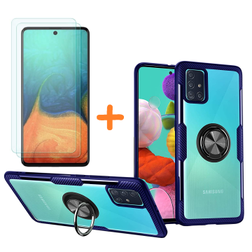 Samsung Galaxy A71 hoesje Luxe carbon TPU Backcover Met Metalen Ring Houder - Blauw met 2 pack screenprotector
