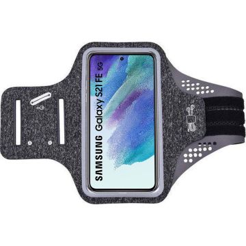 Hoesje Geschikt voor Samsung Galaxy S21 FE hardloop telefoonhouder – armband - sportband - van stof - Zwart